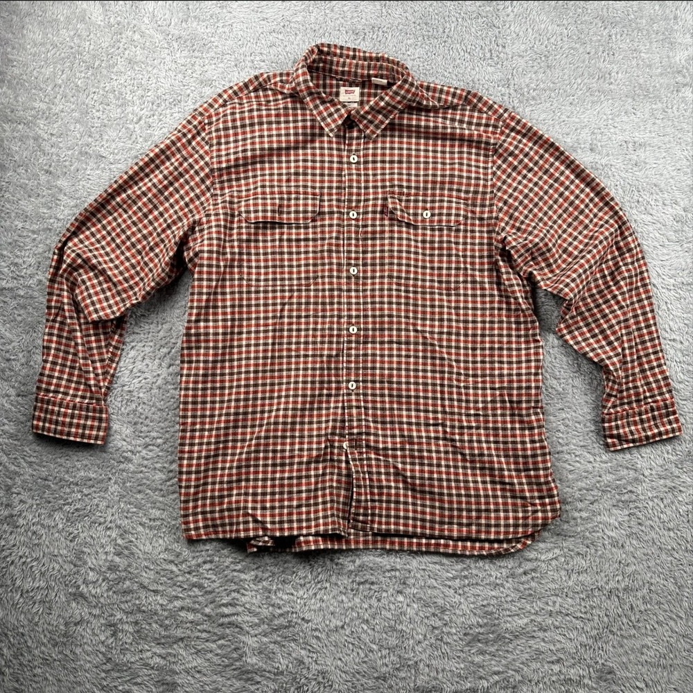 Levis Mens Relaxed Fit Plaid Flannel Button Down Shirt XL Brown Red Long Sleeve